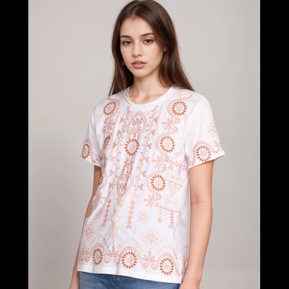 Johnny Was Faye White and terracotta Brown Embroidered Women's t shirt S